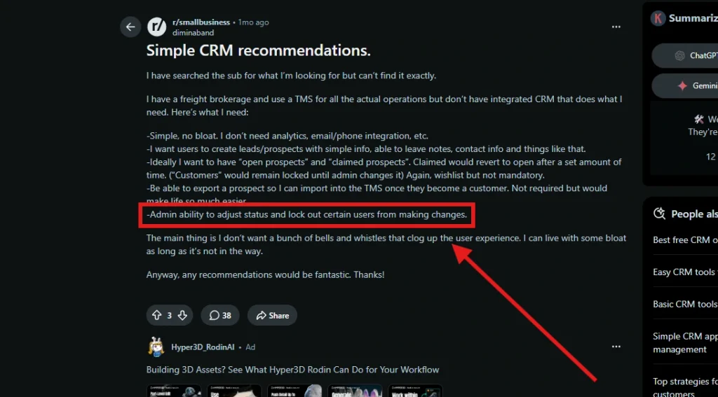 Screenshot of Reddit Discussion on CRM features by NogenTech