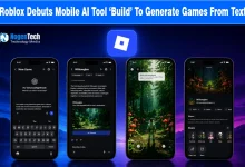 Interface demonstration of Roblox Build mobile AI game creation tool showing game prompting, refining, and playtesting on smartphones.