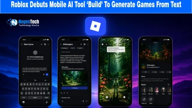 Interface demonstration of Roblox Build mobile AI game creation tool showing game prompting, refining, and playtesting on smartphones.