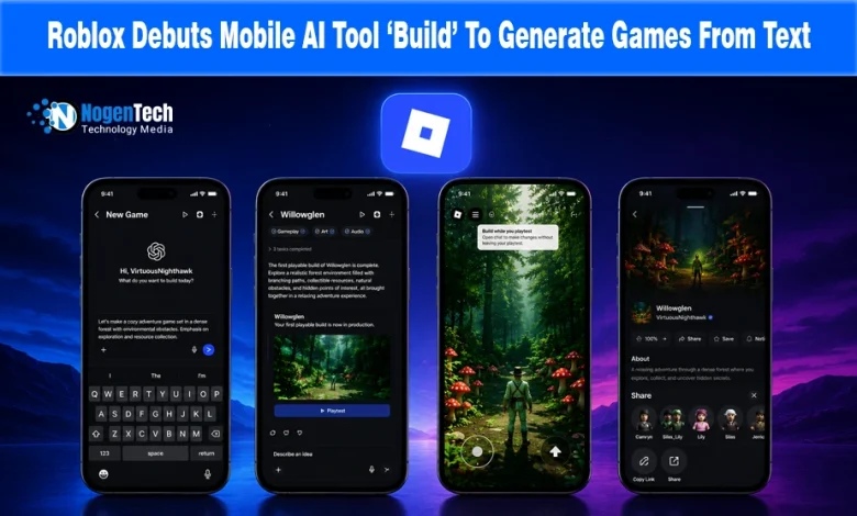 Interface demonstration of Roblox Build mobile AI game creation tool showing game prompting, refining, and playtesting on smartphones.