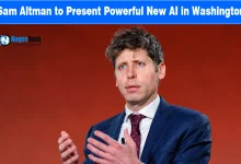 OpenAI CEO Sam Altman speaking with hand gestures in front of a red background.