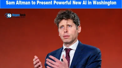 OpenAI CEO Sam Altman speaking with hand gestures in front of a red background.