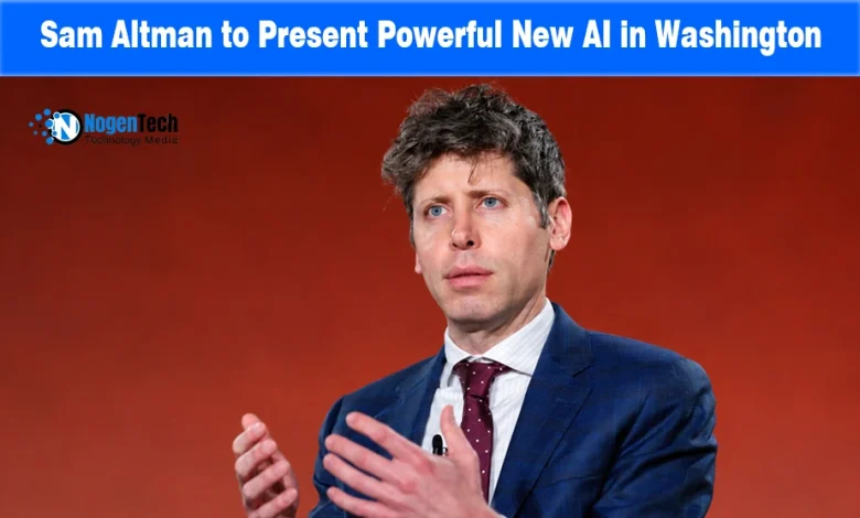 OpenAI CEO Sam Altman speaking with hand gestures in front of a red background.