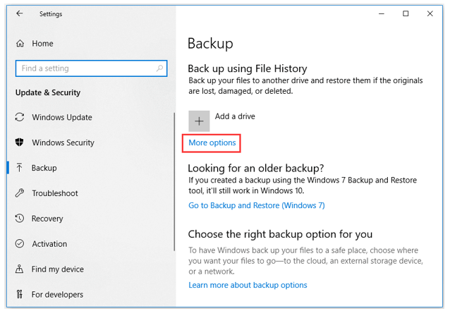 Screenshot of backup setting on windows