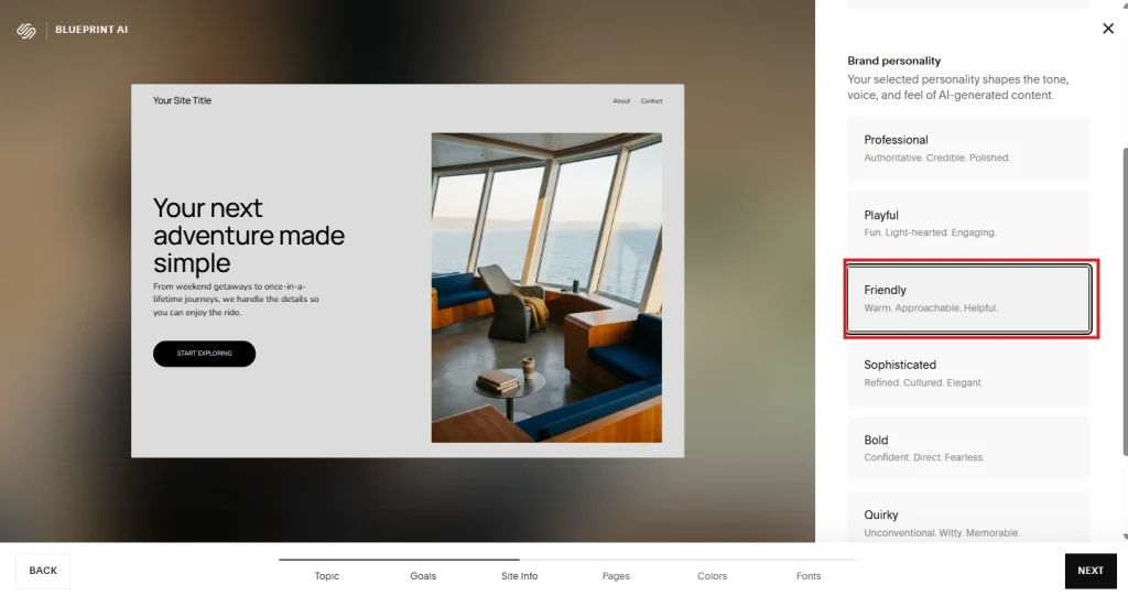 Screenshot showing layout to select for website on Squarespace while using blueprint ai