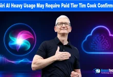 Tim Cook standing next to Siri AI glowing orb graphics and a neon cloud icon.