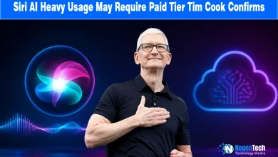 Tim Cook standing next to Siri AI glowing orb graphics and a neon cloud icon.
