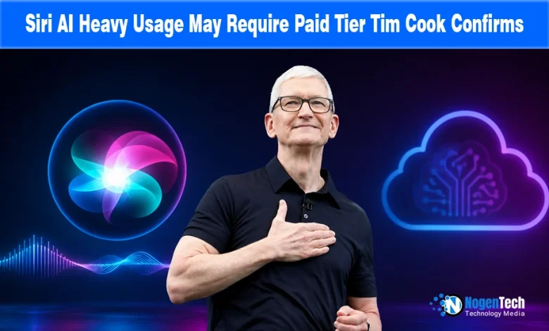 Tim Cook standing next to Siri AI glowing orb graphics and a neon cloud icon.