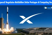 SpaceX rocket launching alongside an aerial view of the Pentagon building.