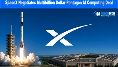SpaceX rocket launching alongside an aerial view of the Pentagon building.