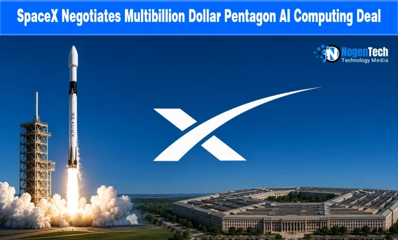 SpaceX rocket launching alongside an aerial view of the Pentagon building.