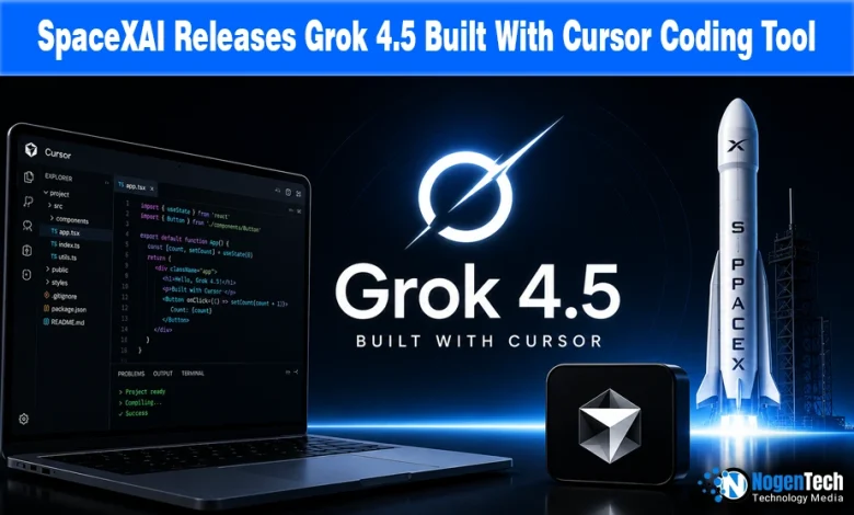 SpaceXAI Grok 4.5 built with Cursor coding tool announcement banner for NogenTech.