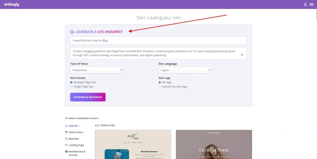Strikingly AI Builder Building Website