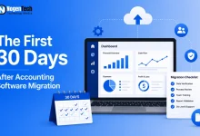 Accounting software migration first 30 days checklist banner for NogenTech.