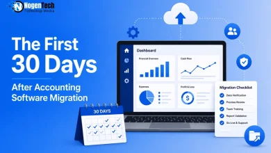 Accounting software migration first 30 days checklist banner for NogenTech.