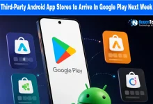 Google Play Store screen on a smartphone surrounded by third-party app store icons.
