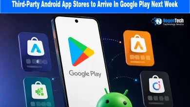 Google Play Store screen on a smartphone surrounded by third-party app store icons.