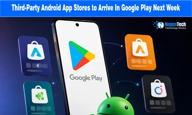 Google Play Store screen on a smartphone surrounded by third-party app store icons.