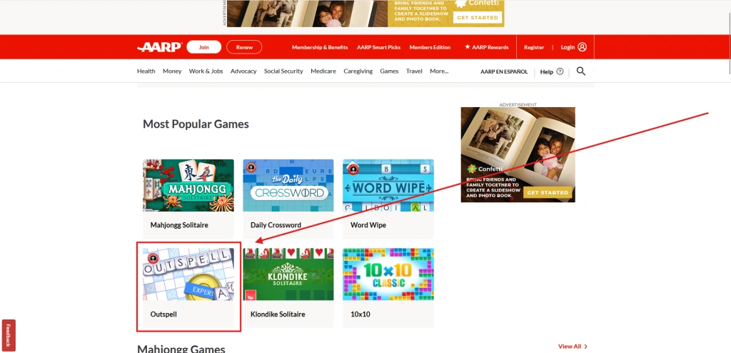 Visit the AARP Games website and search for Outspell or open the Word Games category