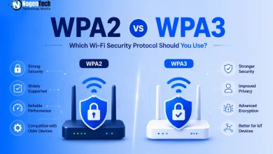 Comparison infographic between WPA2 and WPA3 Wi-Fi security protocols.