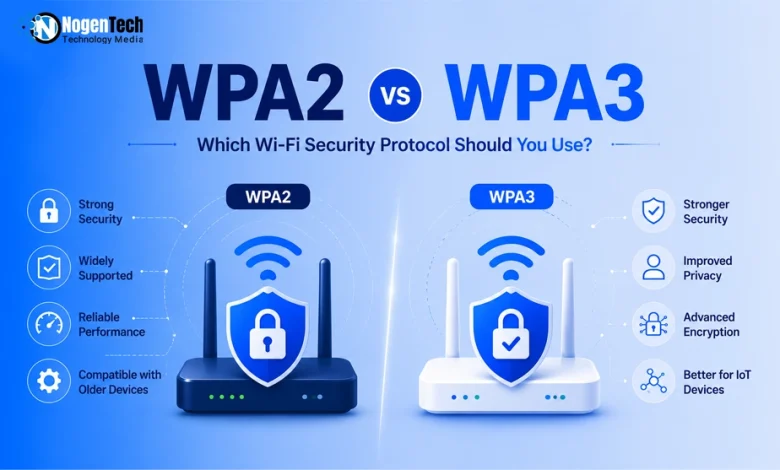 Comparison infographic between WPA2 and WPA3 Wi-Fi security protocols.