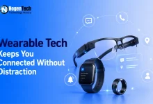 Smart wearable devices including glasses, a smartwatch, and a smart ring on a blue background.