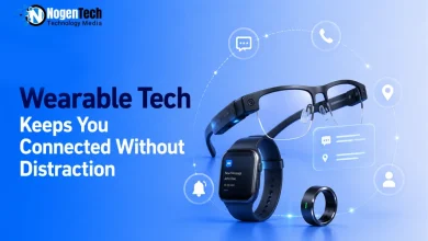 Smart wearable devices including glasses, a smartwatch, and a smart ring on a blue background.