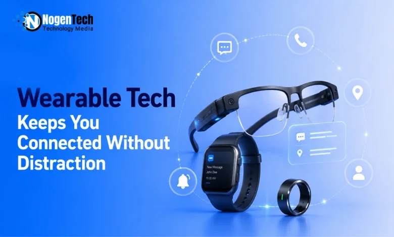 Smart wearable devices including glasses, a smartwatch, and a smart ring on a blue background.
