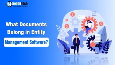 Illustration showing entity management software for organizing legal entity documents, compliance records, and corporate governance files.