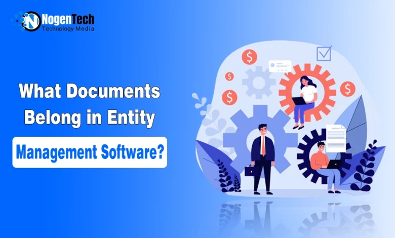 Illustration showing entity management software for organizing legal entity documents, compliance records, and corporate governance files.