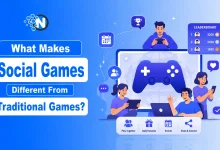 Illustration showing what makes social games different from traditional games with gamers, leaderboard, game controller, and community features.