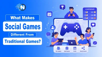 Illustration showing what makes social games different from traditional games with gamers, leaderboard, game controller, and community features.