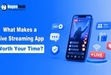 Illustration of a live streaming app on a smartphone with HD video, viewer engagement, reactions, gifts, and secure streaming icons.