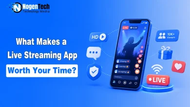 Illustration of a live streaming app on a smartphone with HD video, viewer engagement, reactions, gifts, and secure streaming icons.