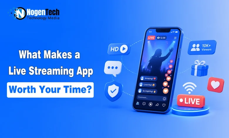 Illustration of a live streaming app on a smartphone with HD video, viewer engagement, reactions, gifts, and secure streaming icons.