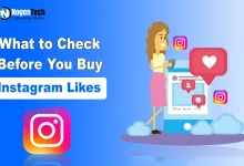 Illustration promoting a guide about buying Instagram likes. The graphic features the headline "What to Check Before You Buy Instagram Likes" on a blue gradient background, alongside Instagram logos, a smartphone displaying social media notifications, a female character holding a phone, and heart and like icons. The NogenTech Technology Media logo appears in the top-left corner.