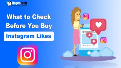 Illustration promoting a guide about buying Instagram likes. The graphic features the headline "What to Check Before You Buy Instagram Likes" on a blue gradient background, alongside Instagram logos, a smartphone displaying social media notifications, a female character holding a phone, and heart and like icons. The NogenTech Technology Media logo appears in the top-left corner.