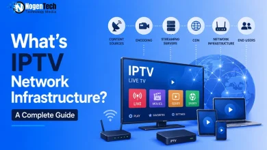 IPTV network infrastructure diagram showing TV, set-top box, router, and streaming steps.