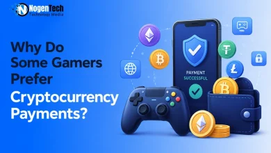 Game controller, crypto wallet, and smartphone showing successful payment confirmation with floating Bitcoin and Ethereum coins.