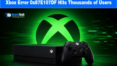 Black Xbox console and controller resting in front of a glowing green Xbox logo.