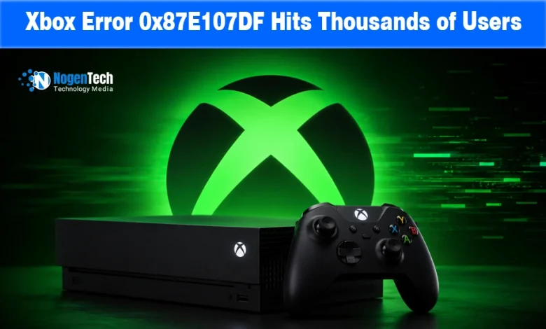 Black Xbox console and controller resting in front of a glowing green Xbox logo.
