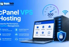 Laptop showing cPanel control panel interface next to a server rack and speed meter graphic.
