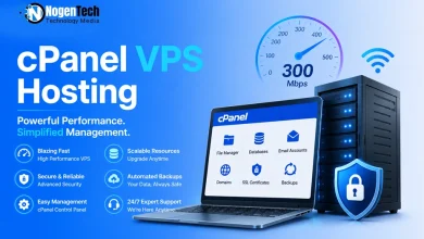 Laptop showing cPanel control panel interface next to a server rack and speed meter graphic.