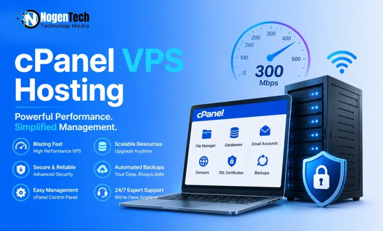 Laptop showing cPanel control panel interface next to a server rack and speed meter graphic.