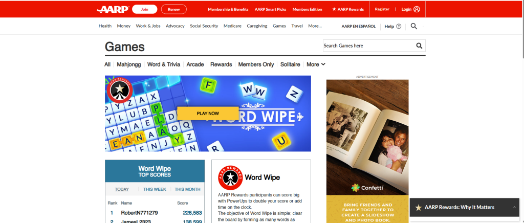 showing Screenshot of AARP Word Wipe home page