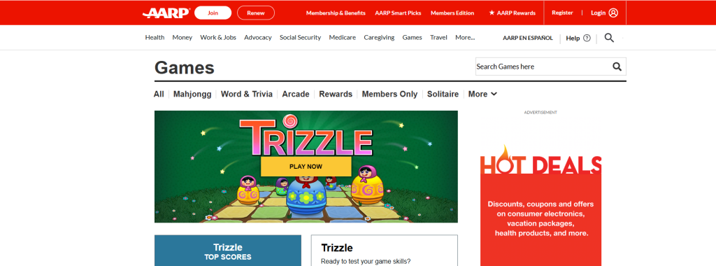 Screenshot of Home page AARP Trizzle game