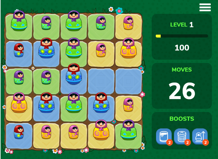 Merged the matched dolls of the same size, color and shape on AARP Trizzle Game