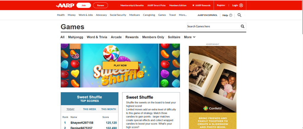 AARP Sweet Shuffle home page screenshot