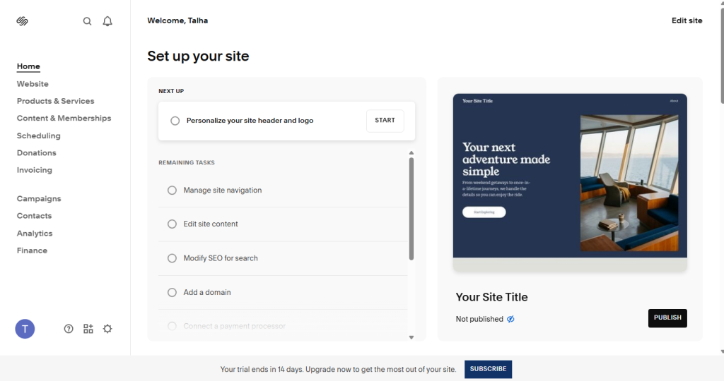 settings layout of the demo website on suqarespace