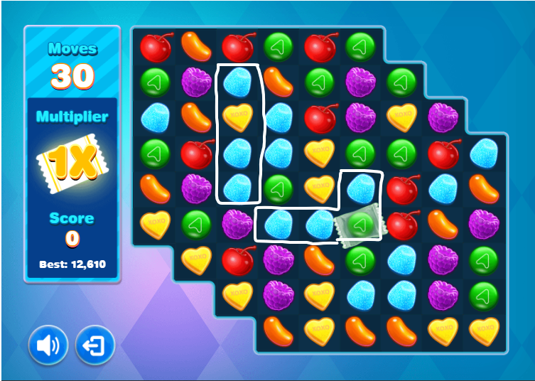 Showing matching candies on AARP Sweet Shuffle Game